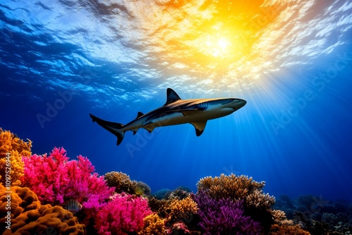 Wallpaper Mural Aquatic reef shark swimming confidently in shallow waters, with vibrant coral and sunlight creating a dramatic scene Torontodigital.ca