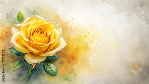 A single yellow rose with green leaves, artistically rendered in watercolor style against a textured background with soft yellow and beige hues.