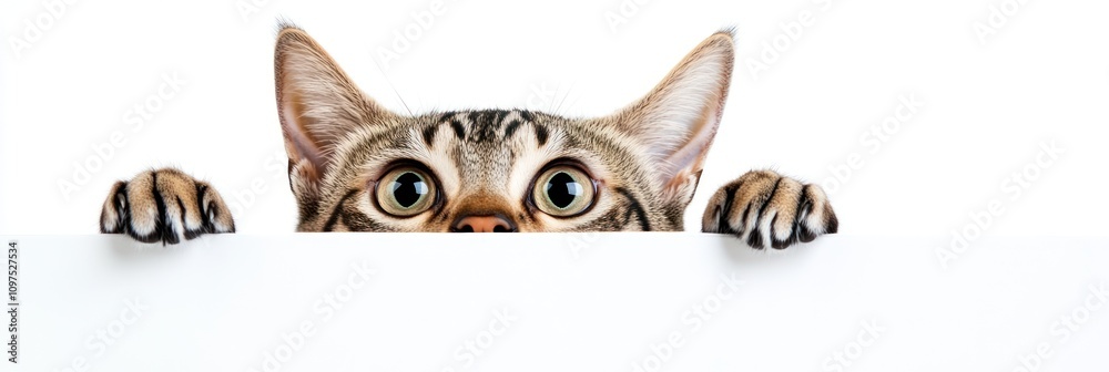 Fototapeta premium A curious cat peeks over a white surface, showcasing its large eyes and paws.