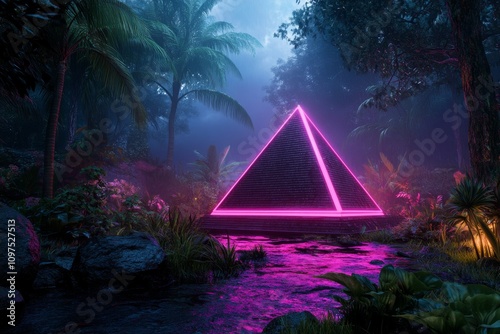 Fototapeta Naklejka Na Ścianę i Meble -  A futuristic reimagining of Aztec temples as floating holographic pyramids in a neon-lit jungle