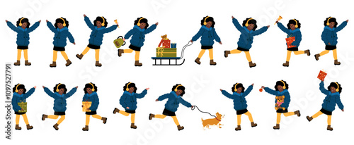 Joyful winter activities with a child playing, carrying gifts, and walking a dog