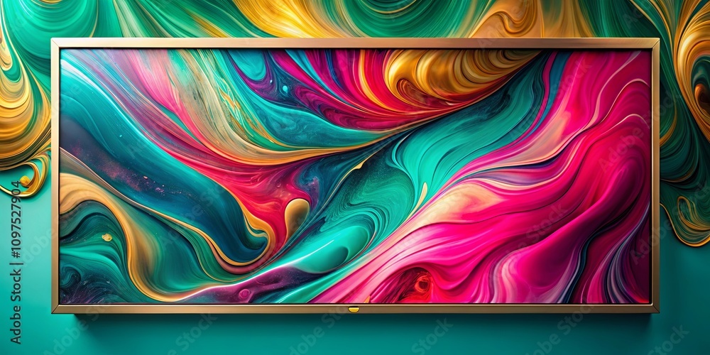 Vibrant Abstract Swirl Painting in a Modern Gold Frame on Teal Background Vibrant Abstract Swirl Painting in a Modern Gold Frame on Teal Background