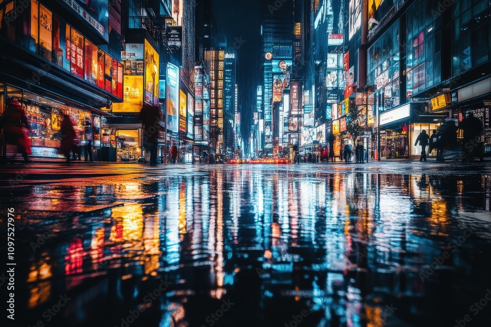 Obraz premium Night city street reflecting vibrant lights in rain puddles; urban cityscape at night with blurred motion of people walking.