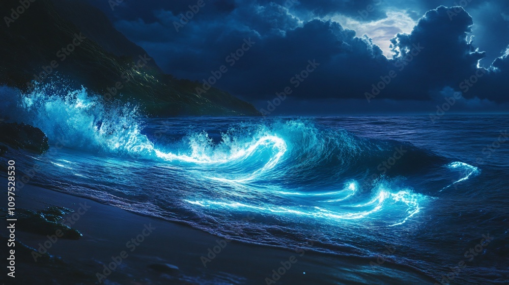 Fototapeta premium Glowing blue waves crashing on a dark beach at night under a stormy sky.
