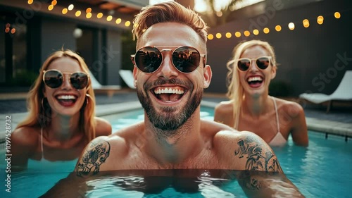 Friends enjoying a sunny day by the pool, laughing and having fun during a summer gathering at a private residence