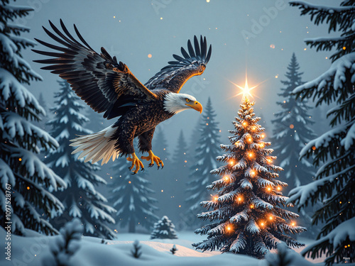 Majestic eagle soaring over a snow covered christmas tree at dusk, digital art of fantasy concept. photo