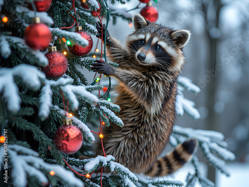 Adorable raccoon decorating a snowy christmas tree with ornaments and lights, photorealistic of wildlife concept.