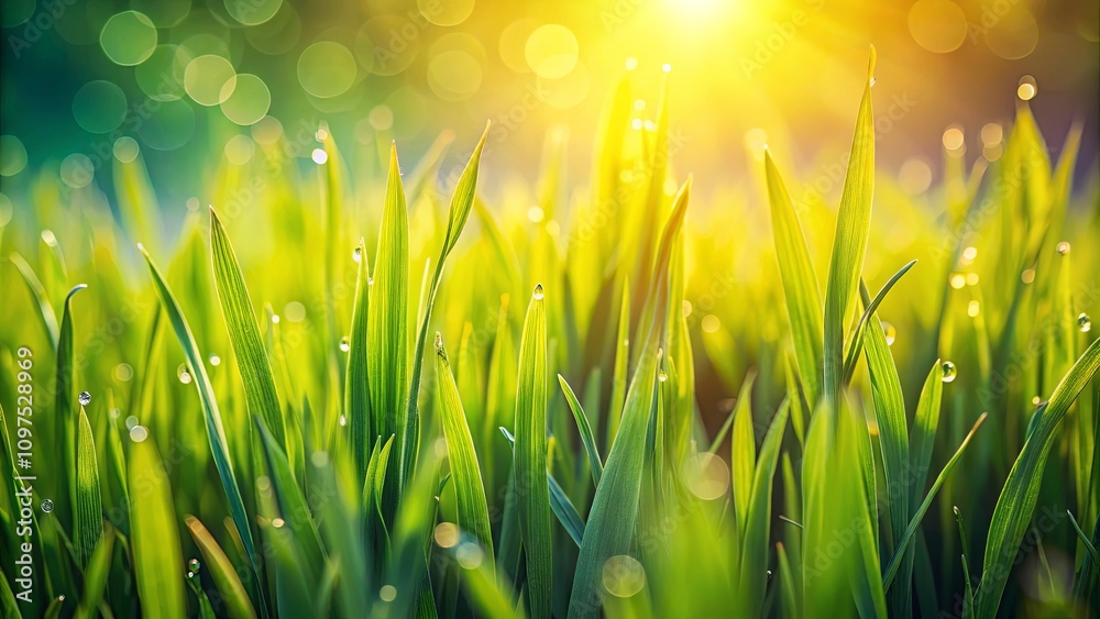 Fototapeta premium Vibrant Green Blades of Grass Glistening with Morning Dew Under Golden Sunlight