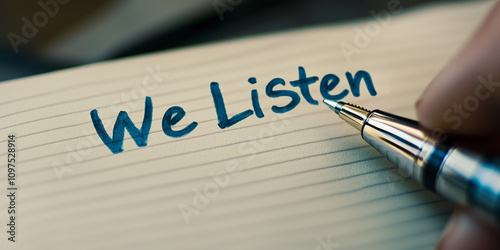 A close-up of a hand writing 'We Listen' with a pen on lined paper, symbolizing communication, feedback, and active listening in a thoughtful and professional manner. photo