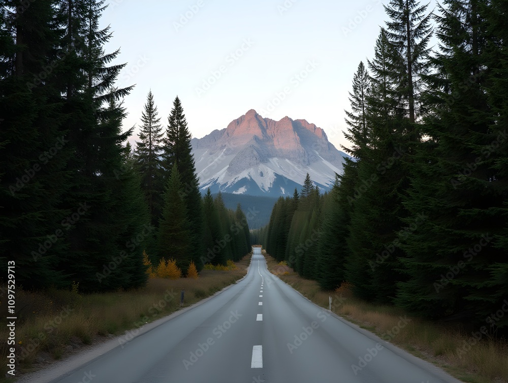 A road in the woods with a mountain in the background A road in the woods with a mountain in the background