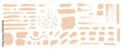 Makeup swatches. Vector brush paint strokes. Foundation, lipstick smudge lines collection. Beauty cream palette. Abstract blush beige smears. Blush powder texture bg. Isolated cosmetic make up set