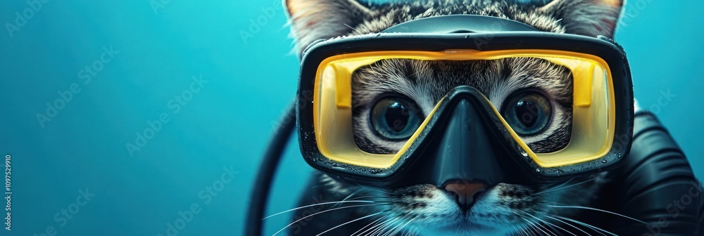 A cat wearing a snorkeling mask, ready for an underwater adventure. A cat wearing a snorkeling mask, ready for an underwater adventure.