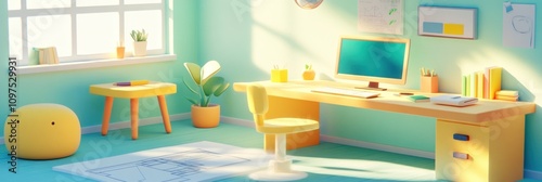 A bright, modern workspace featuring a desk, computer, and plants for productivity.