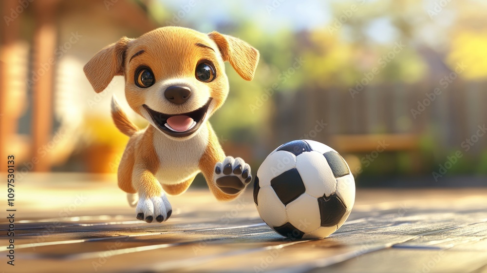 A cheerful puppy joyfully chasing a soccer ball in a sunny outdoor setting. A cheerful puppy joyfully chasing a soccer ball in a sunny outdoor setting.