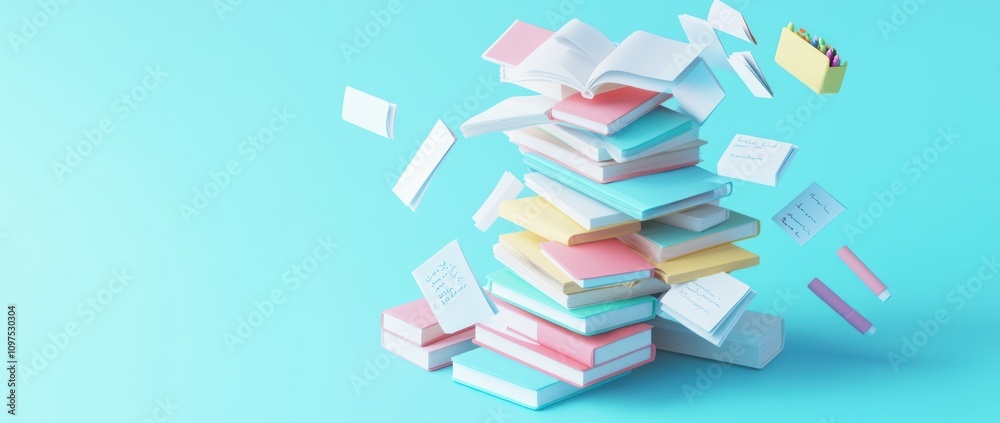 A colorful stack of books with scattered pages on a light blue background. A colorful stack of books with scattered pages on a light blue background.