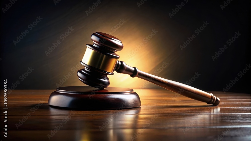 Wooden Gavel on Polished Surface, Symbol of Justice and Law Wooden Gavel on Polished Surface, Symbol of Justice and Law