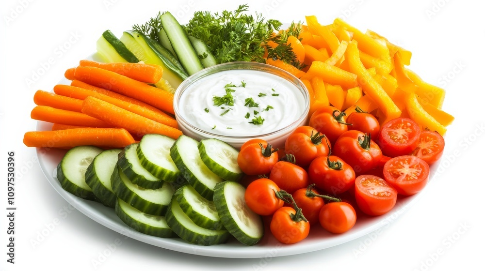 A perfectly assembled veggie platter with sliced cucumber, carrot sticks, cherry tomatoes A perfectly assembled veggie platter with sliced cucumber, carrot sticks, cherry tomatoes