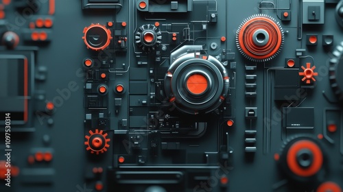 Intricate Close-Up of Futuristic Technology Elements with Metallic and Red Accents, Featuring Gears, Circuits, and Modern Design Aesthetics for Creative Projects