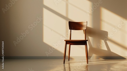 A simple wooden chair is placed in front of a plain wall, a clean white background."