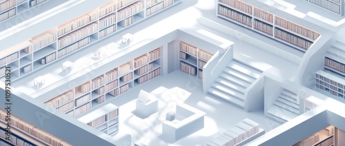 A modern library interior featuring bookshelves, seating areas, and staircases.