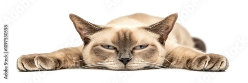 A relaxed cat lying flat with a calm expression.