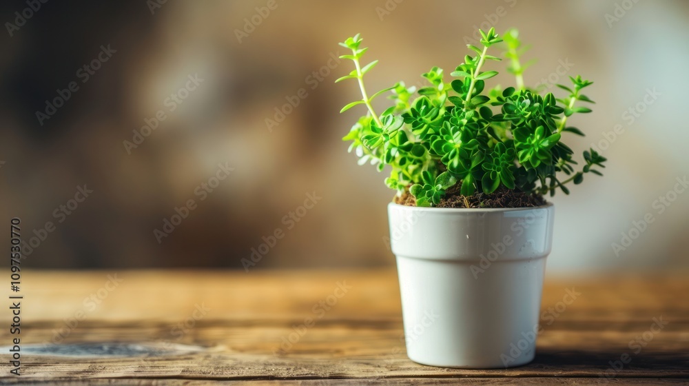 A small plant in a white ceramic pot is placed on a wooden table, a bright and clean background. A small plant in a white ceramic pot is placed on a wooden table, a bright and clean background.