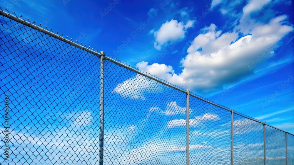 Chain link fence against a vibrant blue sky with fluffy white clouds, a picturesque outdoor scene. Chain link fence against a vibrant blue sky with fluffy white clouds, a picturesque outdoor scene.
