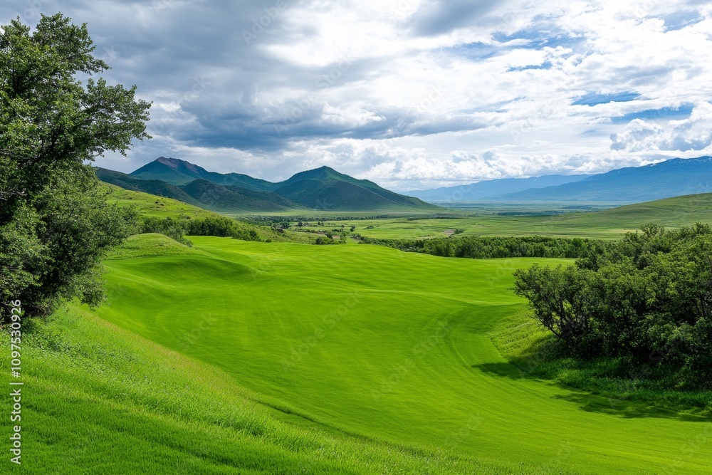 A peaceful view of the lush Sheki countryside, with rolling green hills and historic Sheki Khan Palace in the distance A peaceful view of the lush Sheki countryside, with rolling green hills and historic Sheki Khan Palace in the distance