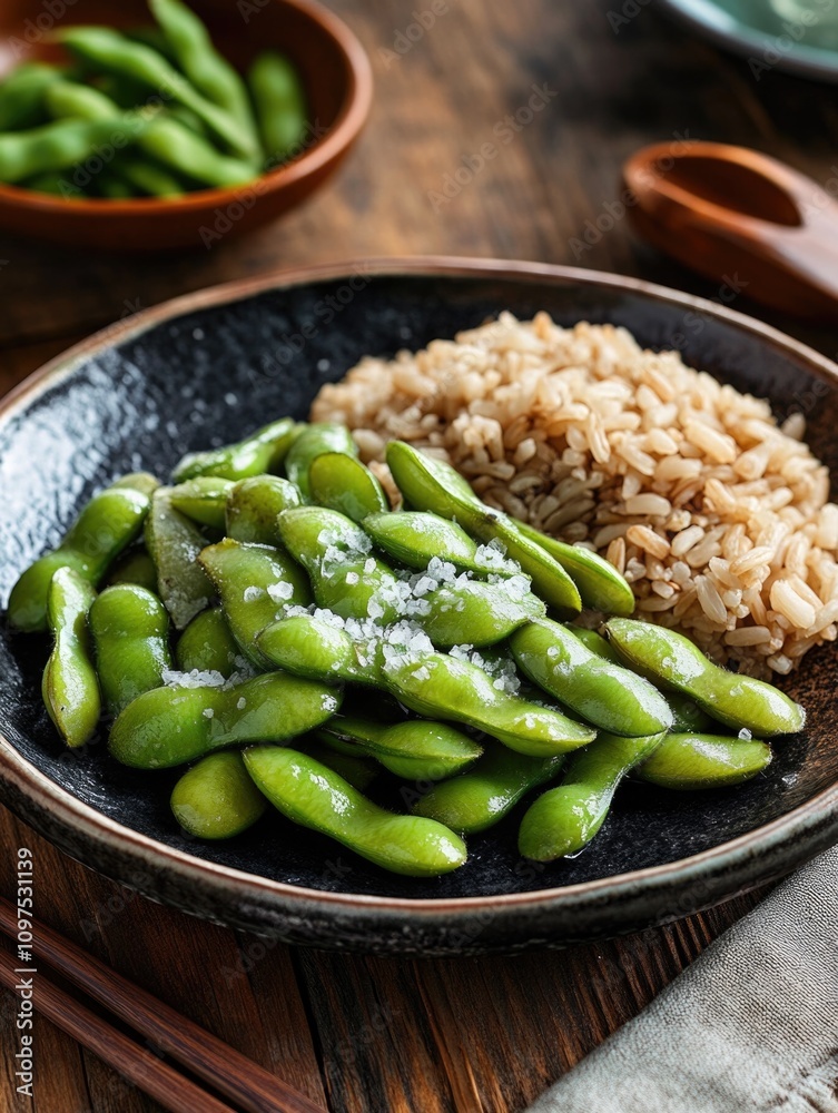 Black plate with rice and green beans Black plate with rice and green beans