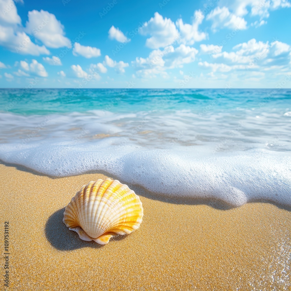 Seashell on sandy beach with ocean wave, sunny sky; summer vacation, tropical paradise, coastal serenity.