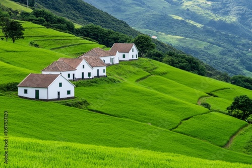 A picturesque village in the Azores with traditional whitewashed houses and terracotta roofs nestled in rolling green hills