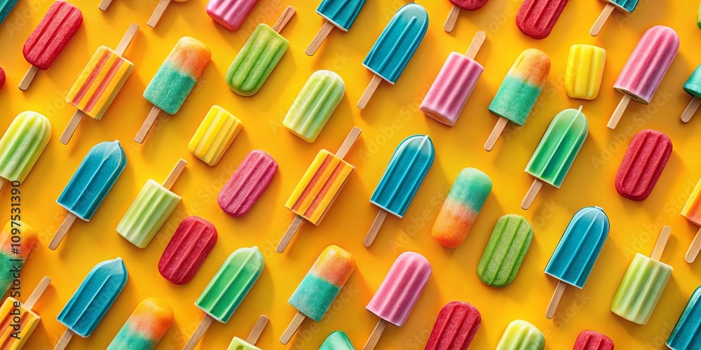 Refreshing Summer Treats A Colorful Arrangement of Popsicles on a Vibrant Yellow Background Refreshing Summer Treats A Colorful Arrangement of Popsicles on a Vibrant Yellow Background