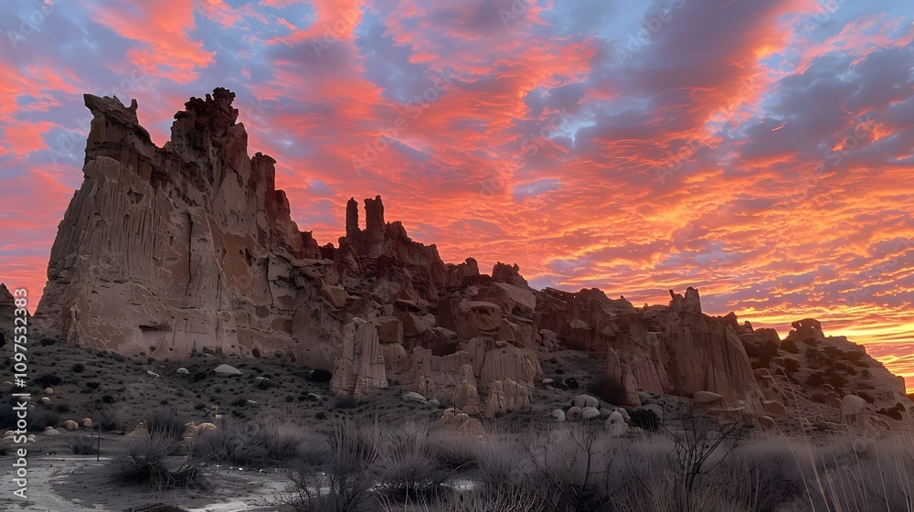 Fototapeta premium Vibrant sunset colors paint the sky above a dramatic rock formation.