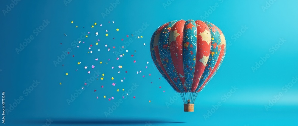 Fototapeta premium A colorful hot air balloon floating with confetti against a bright blue background.