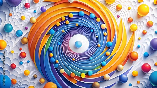 Abstract Colorful Swirling Composition with Spheres and Rhythmic Curves