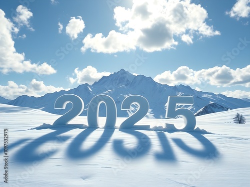 The word of 2025 from snow on the snow field with blue sky and mountain.