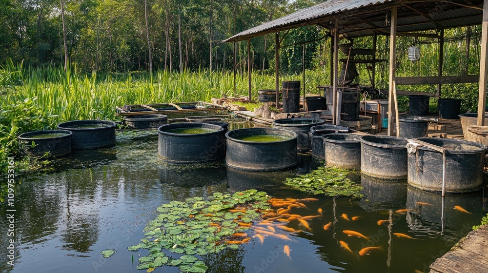 Fototapeta premium A detailed view of a catfish farming pond, featuring healthy fish, clear water, and feeding equipment arranged neatly in a natural setting.
