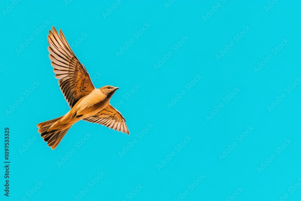 Obraz premium A simple 2D drawing of a clear azure sky with a single bird flying high, emphasizing minimalism and freedom
