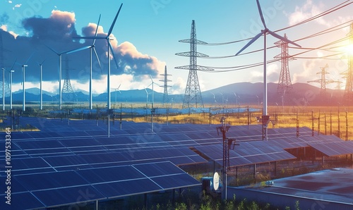 Telephoto lens photograph of solar panels and wind turbines with electricity pylons in the background, bright sunlight and power lines, realistic scene illuminated by daylight, 