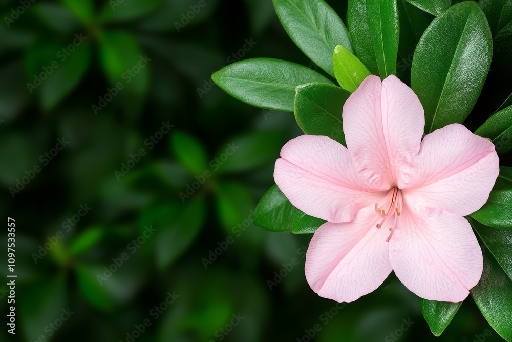 A single pink azalea flower in bloom, framed by green leaves and softly falling sunlight A single pink azalea flower in bloom, framed by green leaves and softly falling sunlight