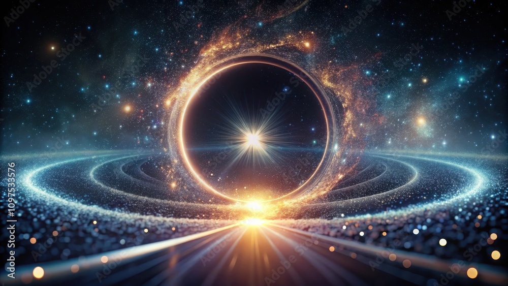 Fototapeta premium A Glimmering Celestial Ring Encircles a Bright Star, a Pathway Beckons into the Cosmic Unknown
