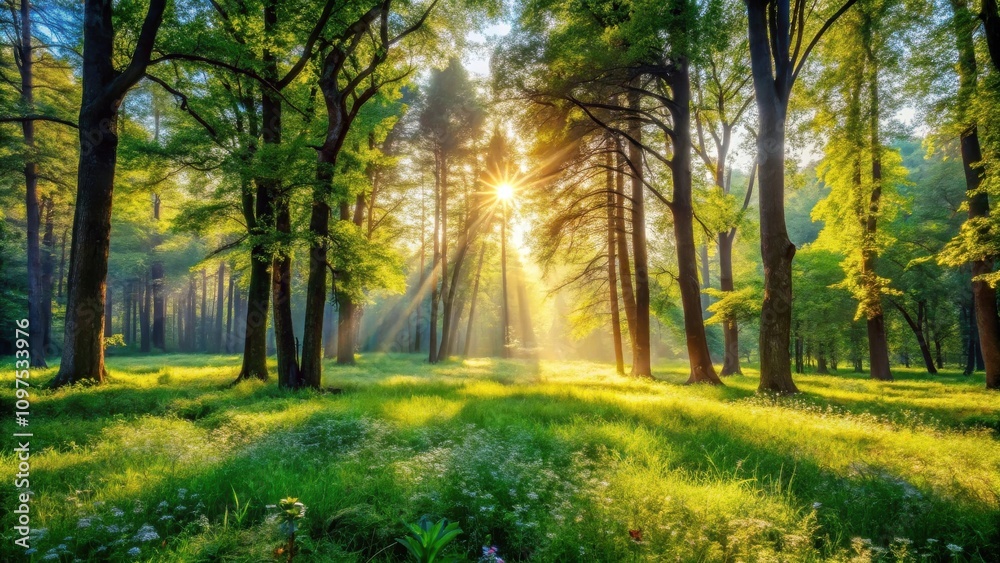 Sunbeams Illuminate a Lush Green Forest Meadow at Dawn