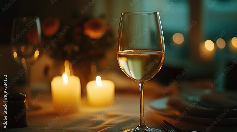 Sophisticated table setting with a glass of white wine glowing candle in the background creating a romantic atmosphere Sophisticated table setting with a glass of white wine glowing candle in the background creating a romantic atmosphere