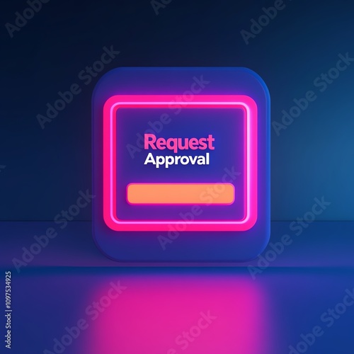 Neon illuminated button for request approval on dark background.