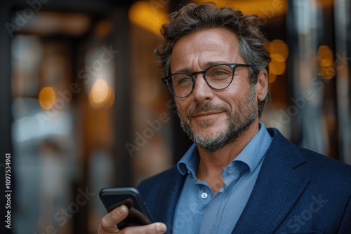 Businessman using smartphone and smiling at office building photo