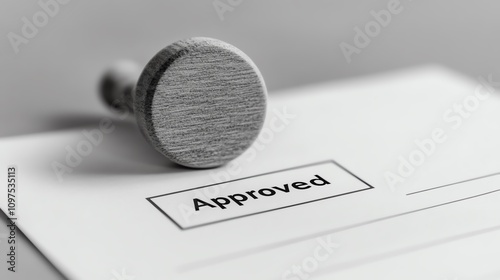 Stamp sealing approval on document with clean, white background.