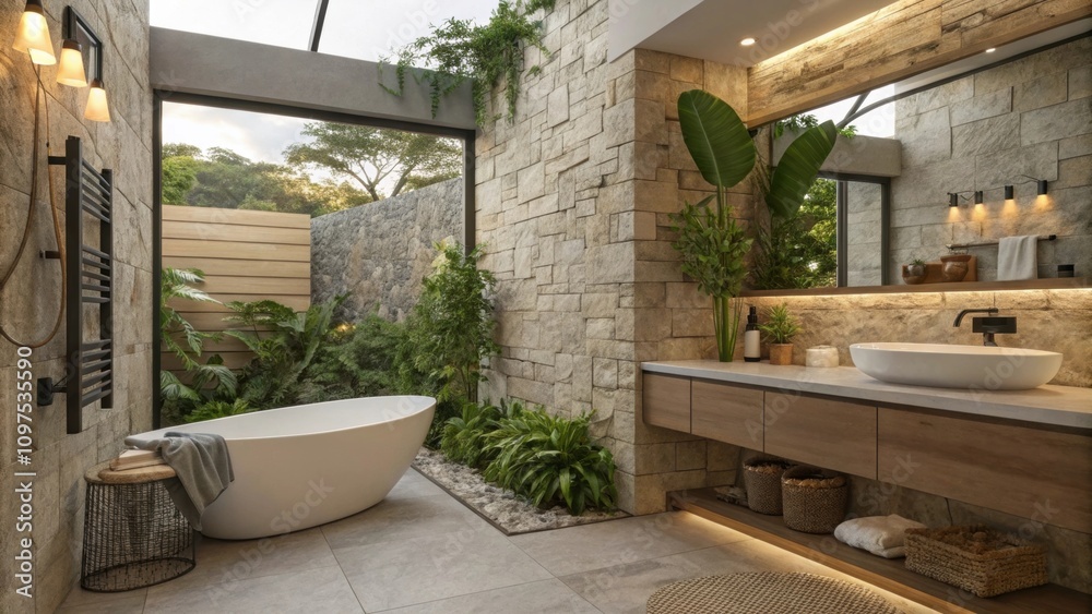 Stylish fixtures blend seamlessly with the earthy tones of the natural stone while greenery adorns the ledge. The combination of textures adds depth turning the area into a mini Stylish fixtures blend seamlessly with the earthy tones of the natural stone while greenery adorns the ledge. The combination of textures adds depth turning the area into a mini
