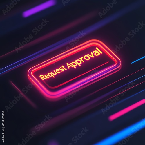 Digital button with neon glow for request approval on a dark background.