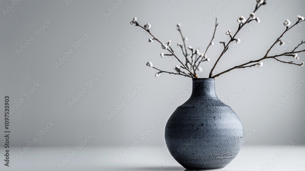 Black ceramic vase placed on a clean white table, simple minimalist background Black ceramic vase placed on a clean white table, simple minimalist background