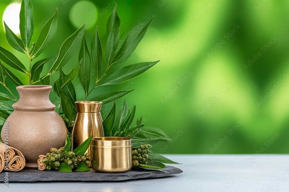 An authentic Ayurvedic spa interior with a massage table, brass oil containers, and herbal bundles neatly displayed An authentic Ayurvedic spa interior with a massage table, brass oil containers, and herbal bundles neatly displayed